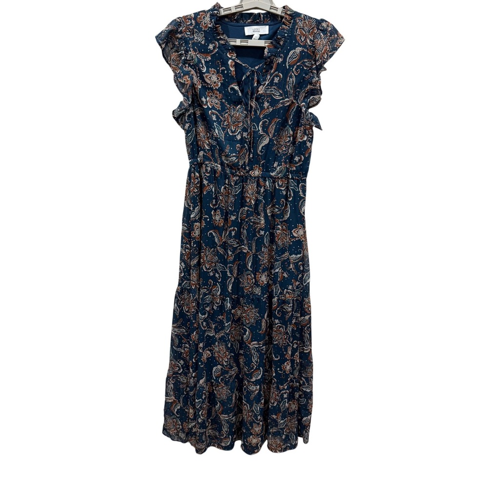 Lucky Brand Womens Teal Paisley Metallic Lurex Tiered Midi Dress Medium‎